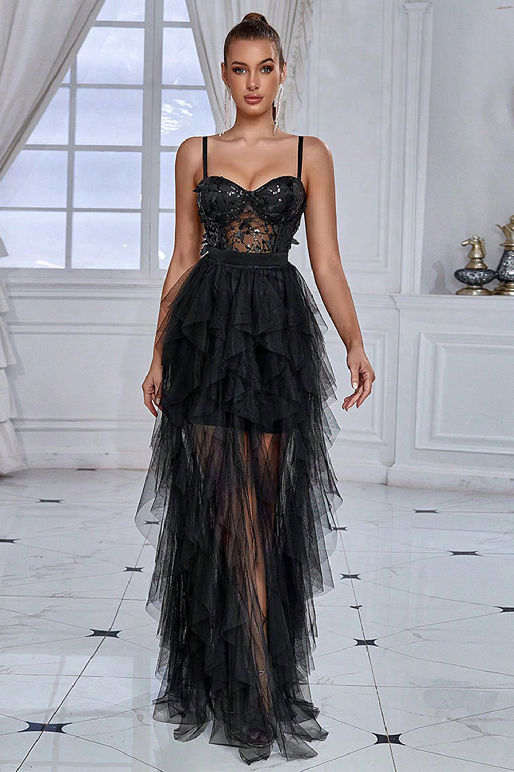 Sexy Black Spaghetti Straps Mermaid Prom Dress Sequins Chiffon Long –  Ballbella